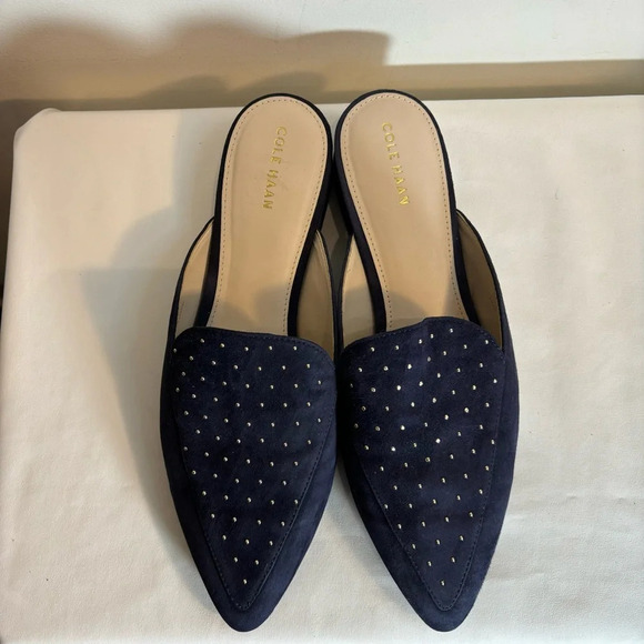 COLE HAAN Sz 8B Mules Navy Suede Golden Tone Rounded Studs Almond Toe Slip On - Picture 3 of 9